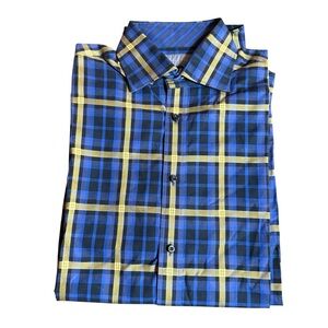 Thomas Dean Mens  Blue/Gold Check Shirtmakers Cloth Button Up Long Sleeve M